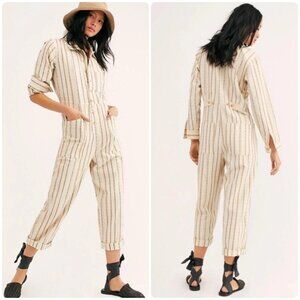 Free People Gia Utility Overall Jumpsuit Womens Small Beige Embroidery Stitched